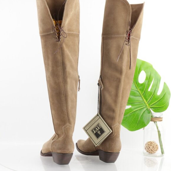 Frye Womens Sacha OTK Riding Boot Size 6.5 Tan Suede Western Block Heel Pointed - Picture 7 of 16